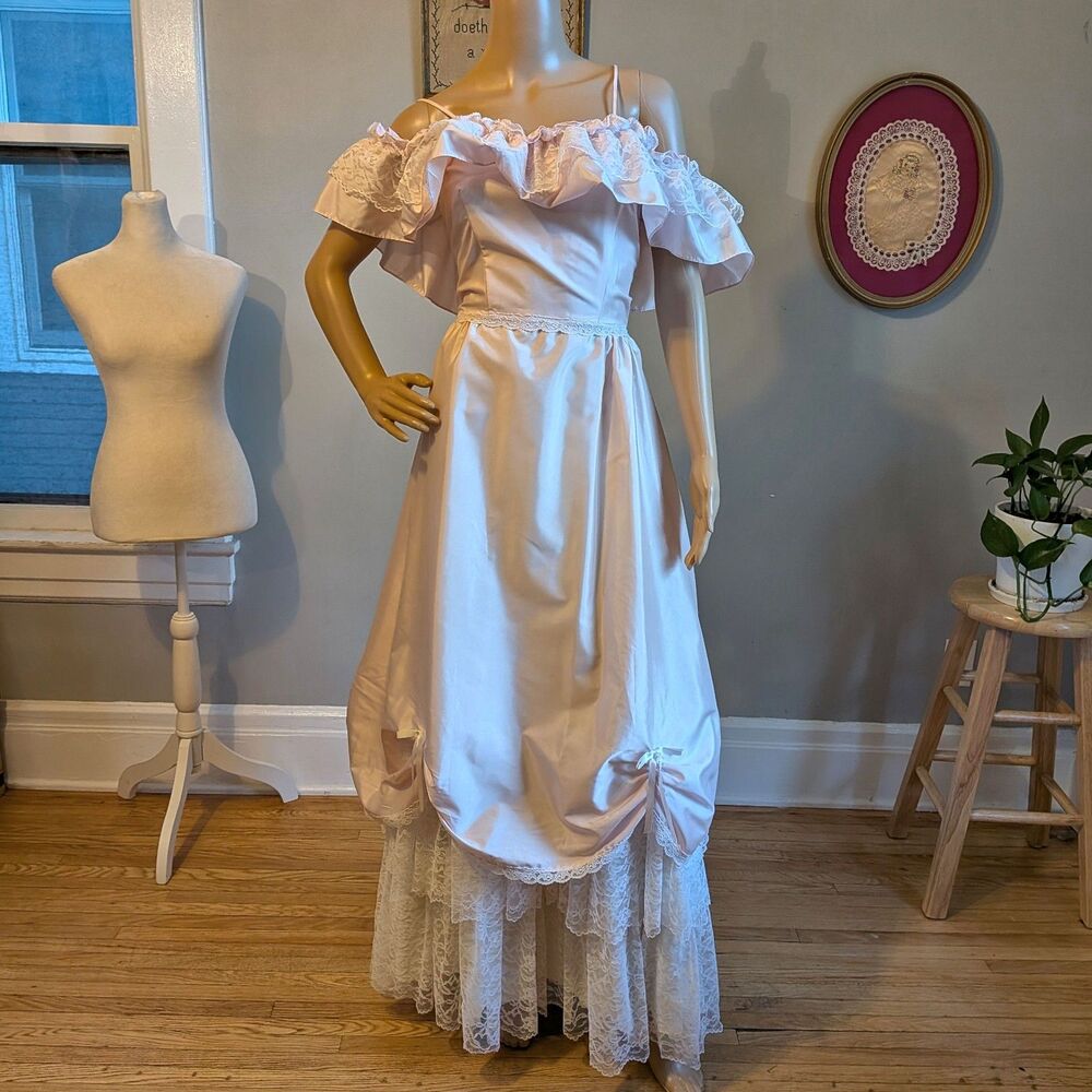 Vintage 80s Dance Allure Pink Gown Southern Belle Princess Dress Lace Size XS